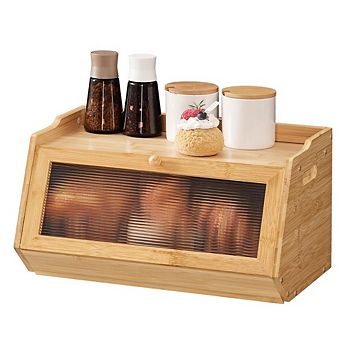 Farmhouse 100% Bamboo Bread Box with Acrylic Window, Drop-Down Door Kitchen Countertop Bread Storage