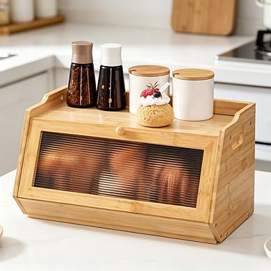 Farmhouse 100% Bamboo Bread Box with Acrylic Window, Drop-Down Door Kitchen Countertop Bread Storage