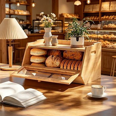 Farmhouse 100% Bamboo Bread Box with Acrylic Window, Drop-Down Door Kitchen Countertop Bread Storage