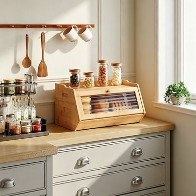 Farmhouse 100% Bamboo Bread Box with Acrylic Window, Drop-Down Door Kitchen Countertop Bread Storage