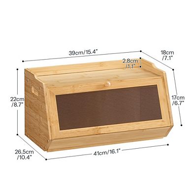 Farmhouse 100% Bamboo Bread Box with Acrylic Window, Drop-Down Door Kitchen Countertop Bread Storage