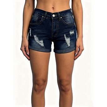 Womens Casual Mid Waisted Distressed Denim Shorts Cuffed Hem Summer Stretchy Pants With Pockets