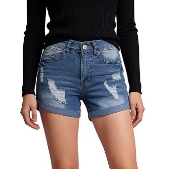 Womens Casual Mid Waisted Distressed Denim Shorts Cuffed Hem Summer Stretchy Pants With Pockets