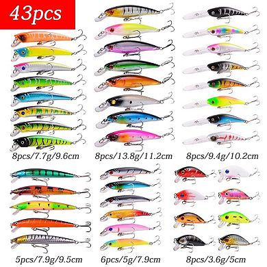 43pcs Fishing Lures Kit Minnow Popper Crank Baits Hooks