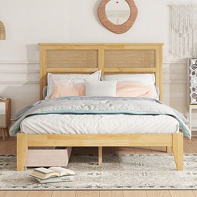 Sailvan Full Size Bed with Rattan Headboard, 2 Drawers, Rubber Wood Bed with Support Slats and Feet