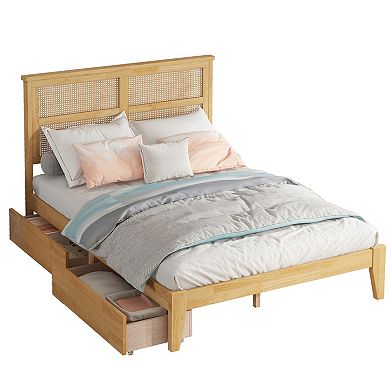 Sailvan Full Size Bed with Rattan Headboard, 2 Drawers, Rubber Wood Bed with Support Slats and Feet