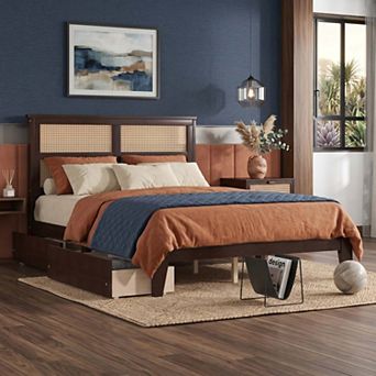 Sailvan Full Size Bed with Rattan Headboard, 2 Drawers, Rubber Wood Bed with Support Slats and Feet