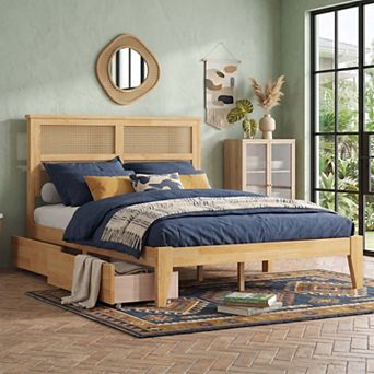 Sailvan Full Size Bed with Rattan Headboard, 2 Drawers, Rubber Wood Bed with Support Slats and Feet