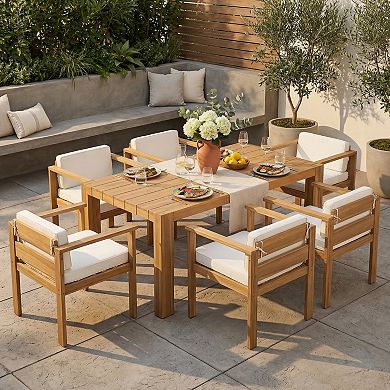 Eazegath 7-Piece Outdoor Wood 71" L Rectangular Dining Table Set with 6 Chairs and Cushions