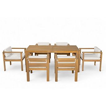 Eazegath 7 pc Outdoor Wood 71" L Rectangular Dining Table Set with 6 Chairs and Cushions
