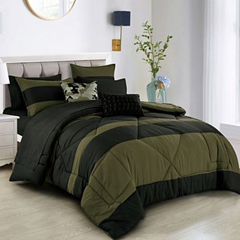 Olive Green & Black Comforter Set with Sheets