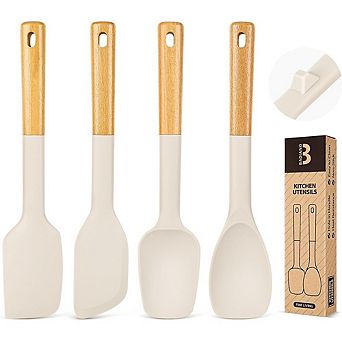 4 pc Silicone Spatula Spoon Set, BPA-Free, Wooden Handle, Nonstick Safe