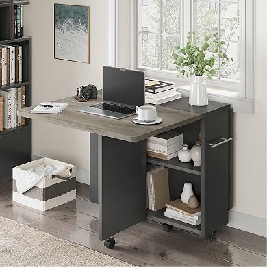Space Saving Folding Dining Table with 2 Tier Storage-Extendable Drop Leaf