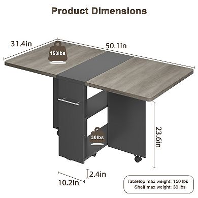Space Saving Folding Dining Table with 2 Tier Storage-Extendable Drop Leaf