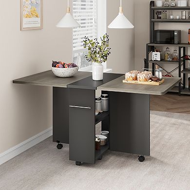 Space Saving Folding Dining Table with 2 Tier Storage-Extendable Drop Leaf