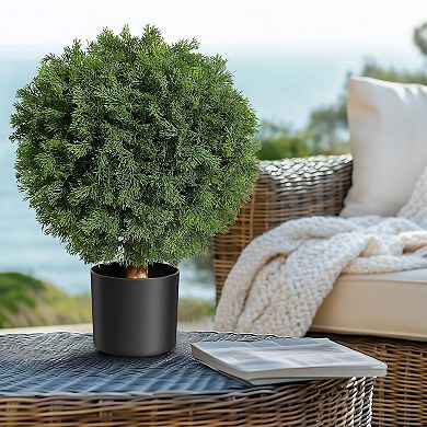 Realistic Artificial Cedar Topiary Ball Trees, UV-Resistant Faux Shrubs in Black Pots, 2pcs