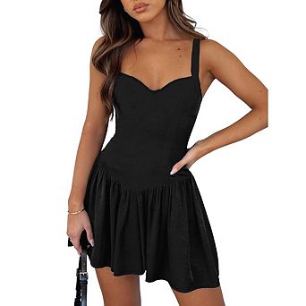 Women's Summer V Neck Tank Dresses Backless Solid Color Pleated Casual Dress