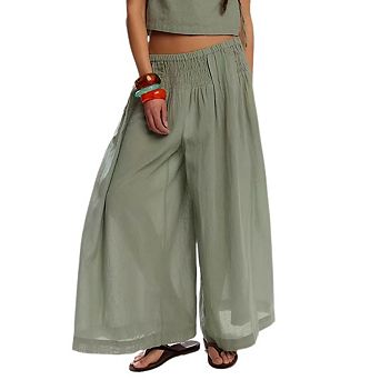 Women's High Waist Wide Leg Pants Elastic Smocked Flowy Loose Fit Lightweight Beach Vacation Wear