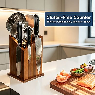 Double-Sided Acacia Wood Magnetic Knife Block, Countertop Knife & Utensil Holder with Strong Magnets
