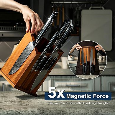 Double-Sided Acacia Wood Magnetic Knife Block, Countertop Knife & Utensil Holder with Strong Magnets