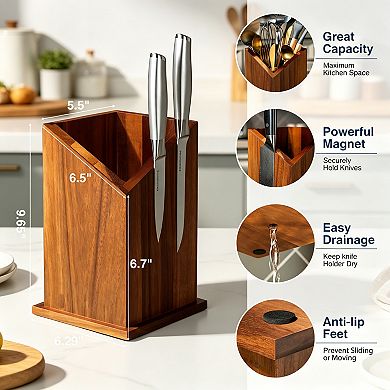 Double-Sided Acacia Wood Magnetic Knife Block, Countertop Knife & Utensil Holder with Strong Magnets