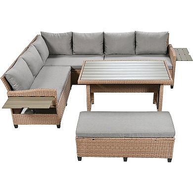 Eazegath 5-Piece Outdoor Wicker L-Shaped Sectional Sofa Set with Dining Table and Bench