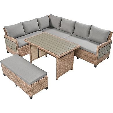 Eazegath 5-Piece Outdoor Wicker L-Shaped Sectional Sofa Set with Dining Table and Bench