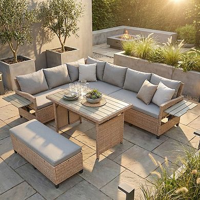Eazegath 5-Piece Outdoor Wicker L-Shaped Sectional Sofa Set with Dining Table and Bench