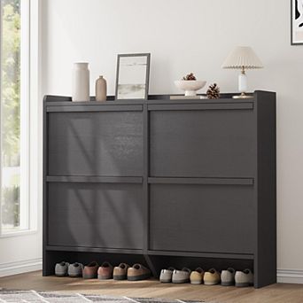 Shoe Cabinet with 4 Flip Drawers, Wooden Shoe Rack Cabinet with Adjustable Shelves