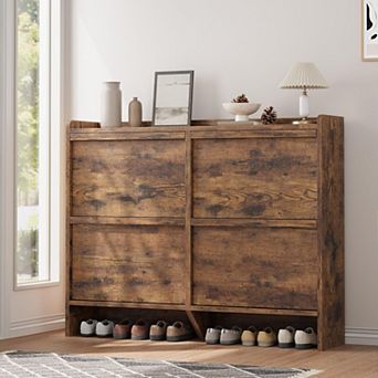 Shoe Cabinet with 4 Flip Drawers, Wooden Shoe Rack Cabinet with Adjustable Shelves