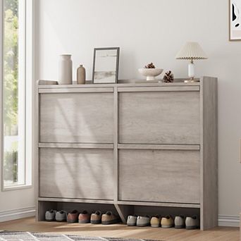 Shoe Cabinet with 4 Flip Drawers, Wooden Shoe Rack Cabinet with Adjustable Shelves