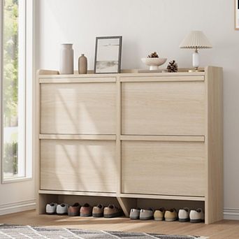 Shoe Cabinet with 4 Flip Drawers, Wooden Shoe Rack Cabinet with Adjustable Shelves