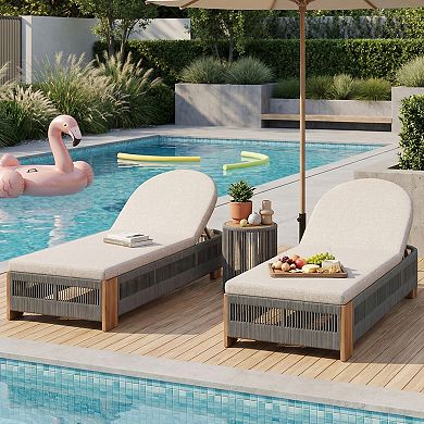 Eazegath 3-Piece Outdoor Wood and Rope Adjustable Chaise Lounge Chairs Set with Cushions, Side Table