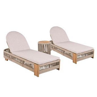 Eazegath 3 pc Outdoor Wood and Rope Adjustable Chaise Lounge Chairs Set with Cushions, Side Table