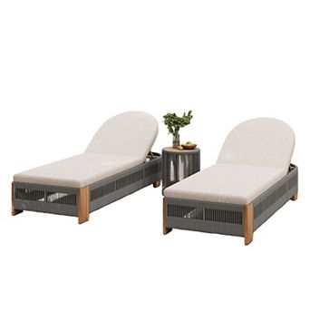 Eazegath 3 pc Outdoor Wood and Rope Adjustable Chaise Lounge Chairs Set with Cushions, Side Table