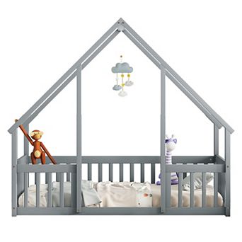Pnronnc Montessori Bed House-Shaped Floor Bed With Fence Guardrails And Wood House Roof Frame