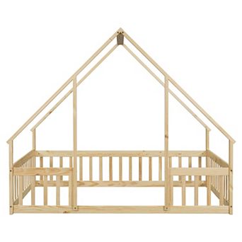 Pnronnc Montessori Bed House-Shaped Floor Bed With Fence Guardrails And Wood House Roof Frame