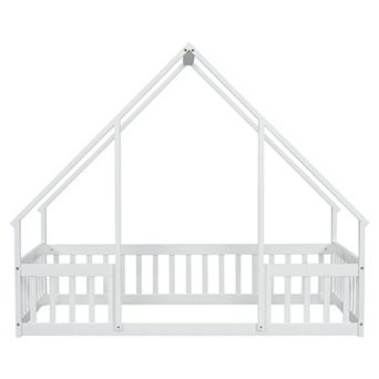 Pnronnc Montessori Bed House-Shaped Floor Bed With Fence Guardrails And Wood House Roof Frame