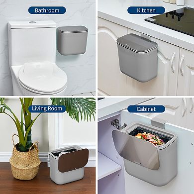 Odor-Proof Hanging Kitchen Compost Bin, Trash Can with Stainless Steel Lid, 9L