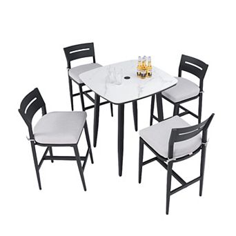 Eazegath 5 pc Outdoor Aluminum Squircle Bar Table Set with 4 Bar Stools and Sunbrella Cushions