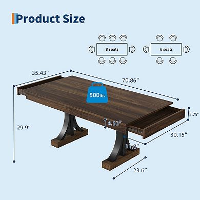 Spacious 71-Inch Rectangular Dining Table for 6-8, Sturdy Wood Double Pedestal Design