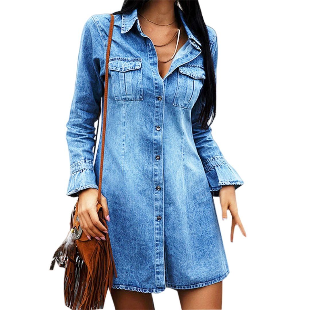 Женские платья Long Sleeve Button Down Casual Tunic Top Denim Shirt Dress