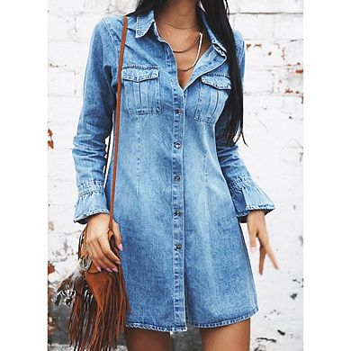 Womens Long Sleeve Button Down Casual Tunic Top Denim Shirt Dress