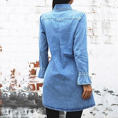 Womens Long Sleeve Button Down Casual Tunic Top Denim Shirt Dress