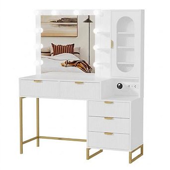 Vanity Desk with Power Outlet, 5 Drawers Makeup Table