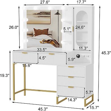 Vanity Desk with Power Outlet, 5 Drawers Makeup Table