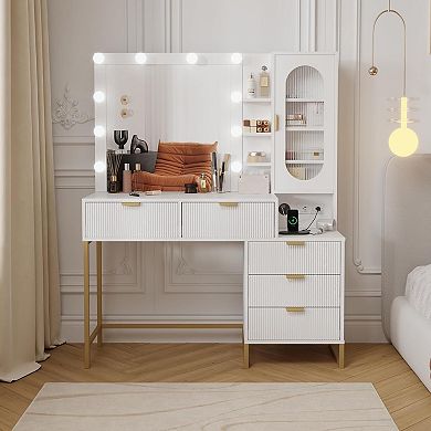 Vanity Desk with Power Outlet, 5 Drawers Makeup Table