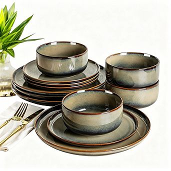 MOEPLSY12 pc Handmade Reactive Glaze Dinnerware Set, Scratch Resistant Ceramic Plates and Bowls