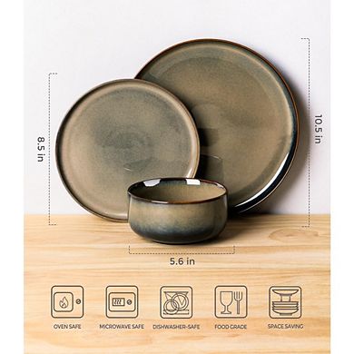 MOEPLSY12-Piece Handmade Reactive Glaze Dinnerware Set, Scratch Resistant Ceramic Plates and Bowls