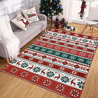 Christmas Washable Area Rug - Non Slip Low Pile Carpet for Living Room Bedroom Holiday Decor